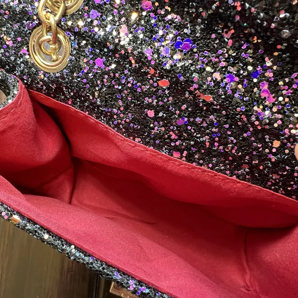 Midnight Glitter Micro Crossbody Purse Metal Chain Glitzy Festival Glam